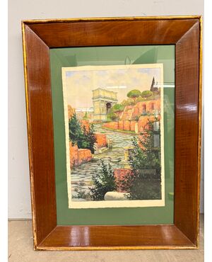 Antico dipinto ad acquarello fori romani. Roma XIX sec., 64x44 cm
