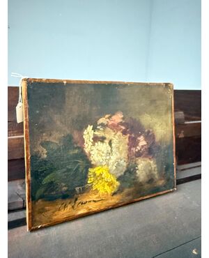 Antico piccolo dipinto ad olio su tela natura morta XIX, 29x39cm