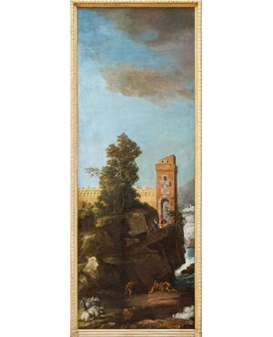  Cerchia di Charles François Grenier de Lacroix (Marsiglia, 1700 - Berlino 1779),  Paesaggio roccioso con torre e figure
