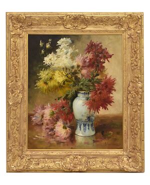 QUADRI ANTICHI, NATURA MORTA CON FIORI, VASO DI DALIE, OLIO SU TELA, DELL 800. (QF675)