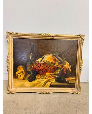 Antico olio su tavola raffigurante natura morta e cacciagione 1940, 42x51cm 
