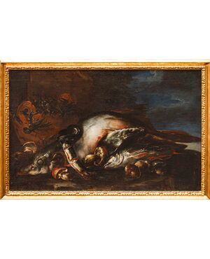 Felice Boselli (Piacenza 1650 –Parma 1732), Natura morta con pesci, gamberi e funghi