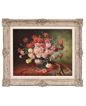 QUADRI ANTICHI, NATURA MORTA CON FIORI DI GAROFANI, OLIO SU TELA, FINE DEL XIX SECOLO. (QF676)