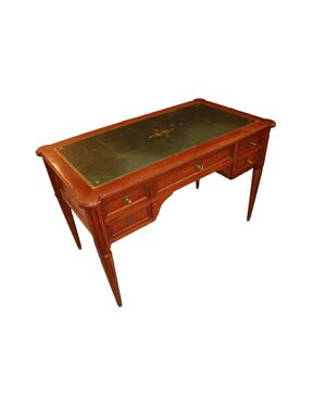 Scrivania Stile Luigi XVI Francese in Legno di Noce con Piano in Pelle Verde