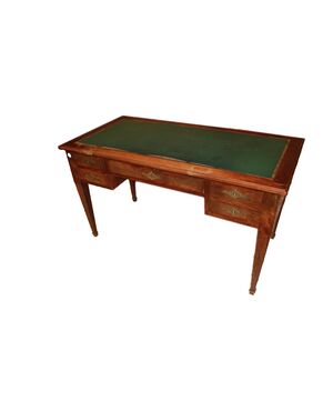 Scrivania Stile Impero in Piuma di Mogano di metà 1800 con Piano in Pelle Verde