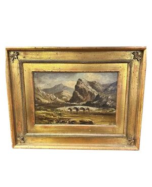  Dipinto olio su tela, Paesaggio montano con ponte di G.H. Barrable, XIX secolo