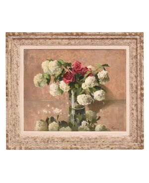 DIPINTI ANTICHI CON FIORI DI ROSE ROSA E PALLON DI MAGGIO, NATURE MORTE, OLIO SU TELA, XX. (QF677)