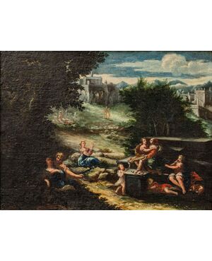 XVII secolo, scuola emiliana, Paesaggio agreste con scene galanti