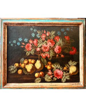 Coppia di nature morte con fiori e frutta XVII secolo