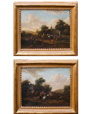 Barent Gael (1630/1635 – 1698), Coppia di paesaggi con scene di genere