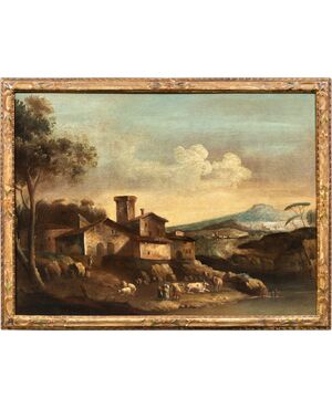 Francesco Tironi (Venezia 1745 - Venezia 1797) - Paesaggio veneto con pastori e armenti. 