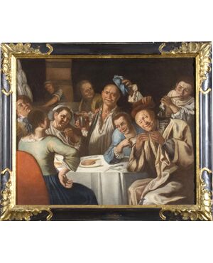Dipinto antico - Scuola napoletana, “Interno di osteria”