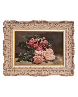 QUADRI ANTICHI, NATURA MORTA CON FIORI DI ROSE ROSSE E BIANCHE RECISE, OLIO SU TELA, DELL'800. (QF678)