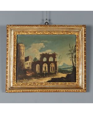 Dipinto Paesaggio con Rovine Architettoniche e Figure