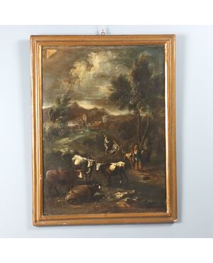 Dipinto Paesaggio con Figure e Mandria