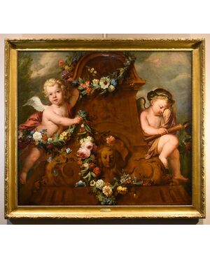 Coppia di amorini con ghirlanda di fiori, Jacob De Wit (Amsterdam, 1695 - 1754) attribuibile/bottega