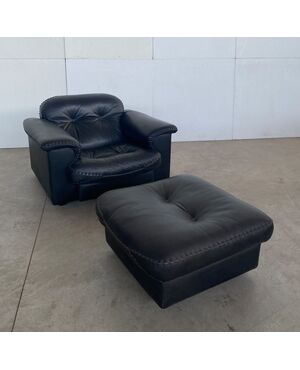 Poltrona con pouf De Sede DS-101 in pelle, anni '70