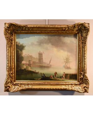 Veduta costiera al tramonto con pescatori e imbarcazioni, Atelier di Charles François Grenier De Lacroix, detto de Marseille (Marsiglia 1700 – Berlino 1782)