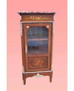 Antique French display cabinet from the 1800s, inlaid with marble top and bronzes