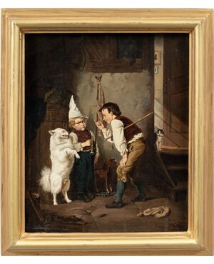 Pittore realista tedesco (XIX sec.) - Due bambini giocano con il cane ammaestrato.