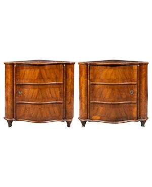 Pair of walnut veneer corner cabinets. Venice, 18th century.