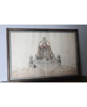 Antico disegno primi 800 “ trono Imperiale “ studio prospetto per una grande piazza. Mis 105 x 74