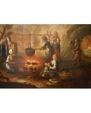 Olio su tela del 1700 italiano Focolare all'aperto con personaggi