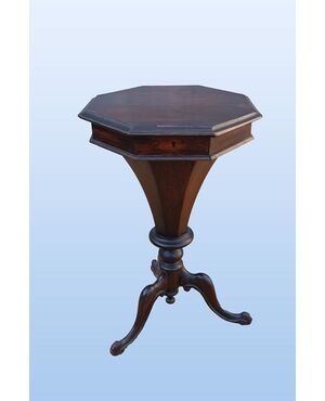 Victorian English work table from the 1800s in octagonal walnut wood
