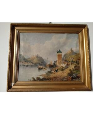 1800s English oil on cardboard depicting an Italian lake