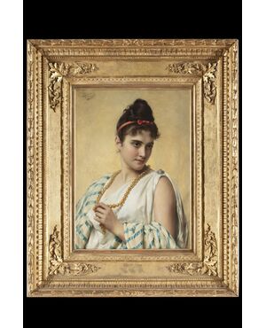 Painting by Tito Conti (Florence 1842 - 1924), “The Pearl Necklace”