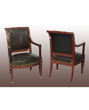 Antique pair of French Empire style armchairs from the 1800s in mahogany wood with bronzes