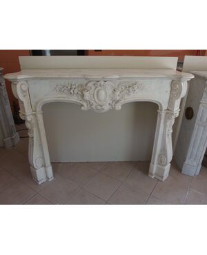 CARRARA WHITE MARBLE FIREPLACE LOUIS XV STYLE FRANCE cm 150xW42xH110