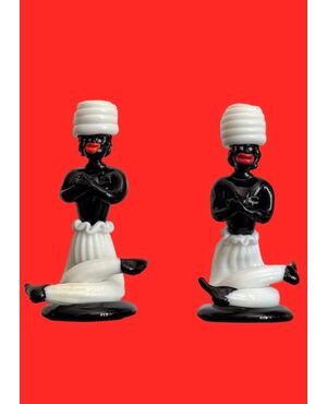 Pair of Moorish candle holders in black and lattimo glass. Fulvio Bianconi for Venini. Murano.