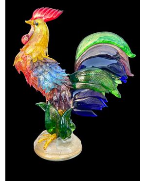 Large multicolored heavy glass rooster with gold inclusions. Aldo Nason for A.Ve.M, Murano