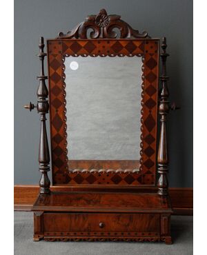 Antique tilting mirror from the 1800s in walnut wood with Northern European inlays