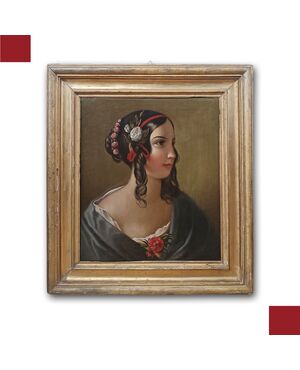 RITRATTO DI GIOVINETTA OLIO SU TELA META’ XIX SECOLO