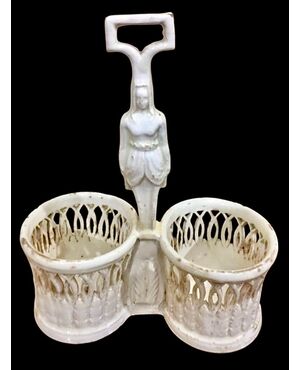 Earthenware oil cruet with neoclassical figure. Benucci and Latti. Pesaro.