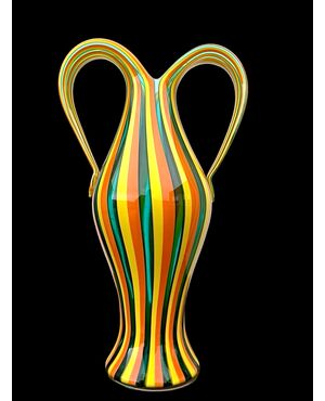 Glass vase with two handles and vertical bands. Salviati. Murano.