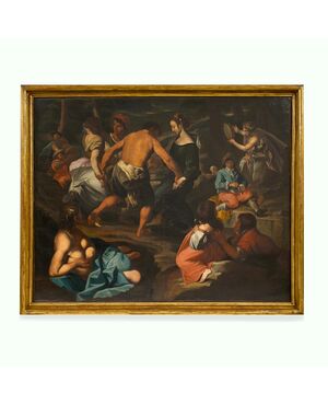Fine 17th-century oil on canvas. Country scene with musicians – school of Francesco Guarini (1611-1654)