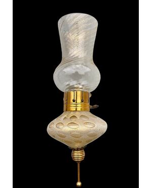 Heavy glass wall lamp with bubble inclusions, milk glass, and gold leaf. Salviati manufacture. Murano.