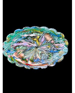 Heavy green submerged glass centerpiece bowl, 'Byzantine' type. A.Ve.M. Murano.