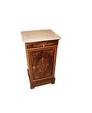 French Charles X style bedside table with marble top and inlays, 19th century