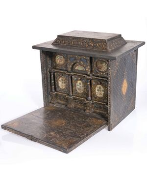 Ebonized wood coffer decorated in damascene style with mother-of-pearl inlays, Venice, 16th century.