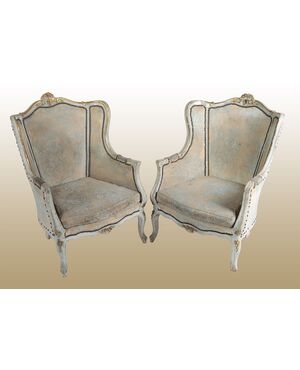 Coppia di poltrone laccate decapate stile Luigi XV del 1800 francesi