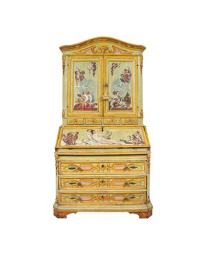 Two-body trumeau in lacquered and painted wood. Rome, 18th century.