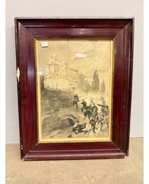 Acquarello Tito Ettore, XIX sec, risorgimento - Assedio Villa del Vascello Roma - 47x38 cm