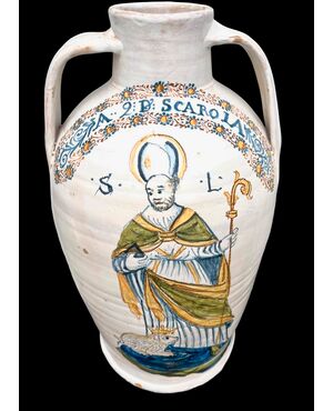 Grande vaso biansato in maiolica compendiaria con figura di San Lazzaro.Castelli d’Abruzzo.