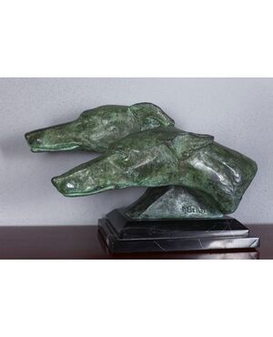 Two bronze greyhound heads, Art Deco
