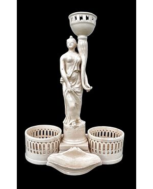 Earthenware oil cruet with a neoclassical figure-shaped handle. Venetian manufacture.