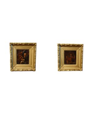 Coppia di antichi dipinti oli su tela del 1800 francesi scena di interni con personaggi